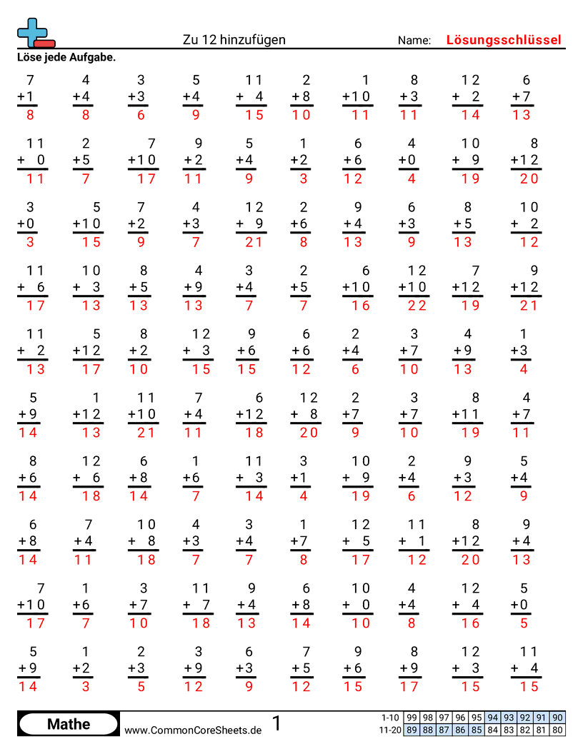 Arbeitsblätter zu Rechenübungen - Summand bis 12 worksheet