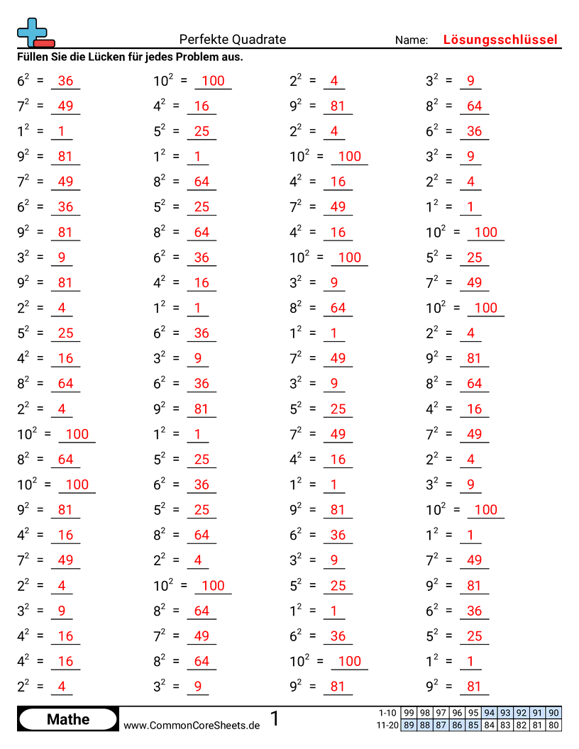 Arbeitsblätter zu Rechenübungen - Quadratzahlen worksheet