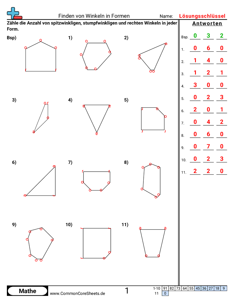 Arbeitsblätter zu Winkel - Winkel in Formen bestimmen worksheet