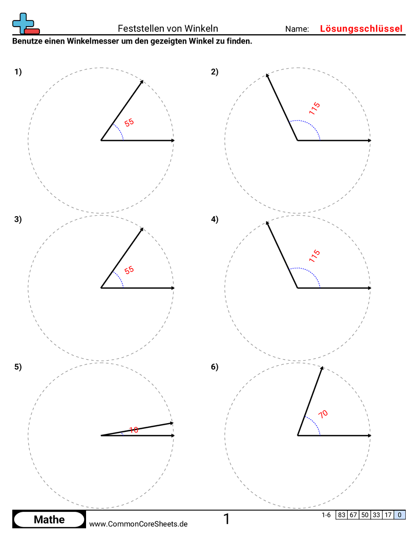 Arbeitsblätter zu Winkel - Winkel finden (mit Winkelmesser) worksheet