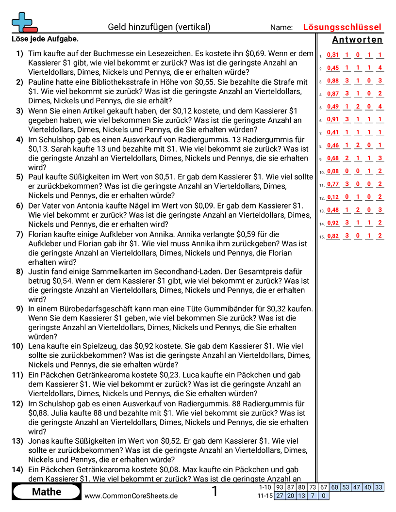Arbeitsblätter zur Geldrechnung - Geld addieren (vertikal) worksheet