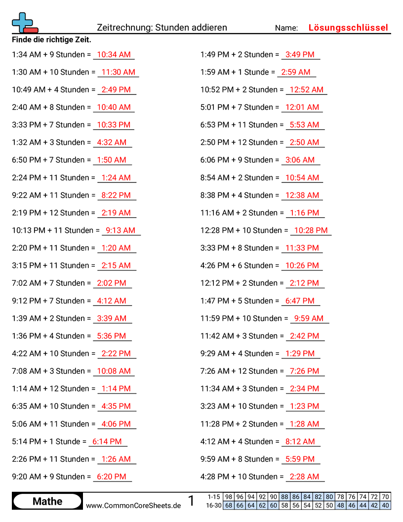 Arbeitsblätter zu Rechenübungen - stunden-addieren worksheet