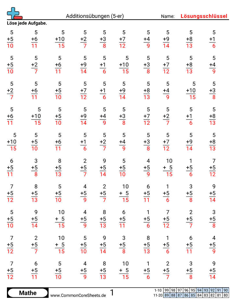 Arbeitsblätter zu Rechenübungen - 5er worksheet