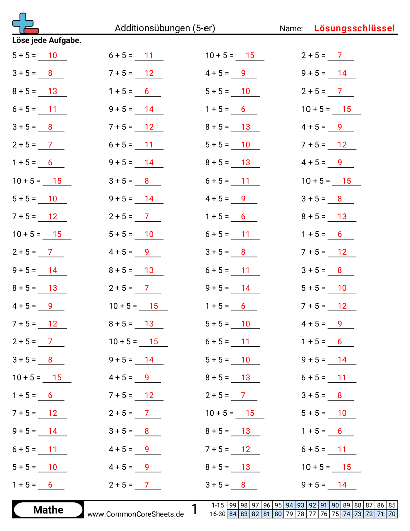Arbeitsblätter zu Rechenübungen - 5er-horizontal worksheet