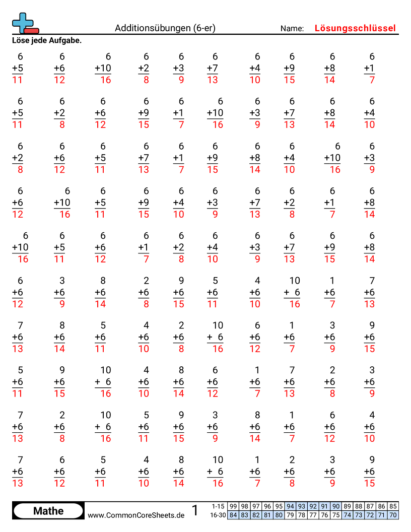Arbeitsblätter zu Rechenübungen - 6er worksheet