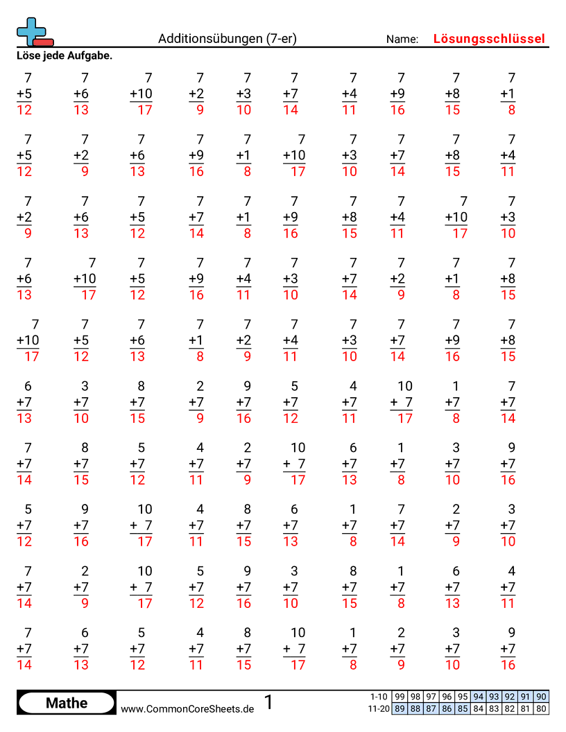 Arbeitsblätter zu Rechenübungen - 7er worksheet