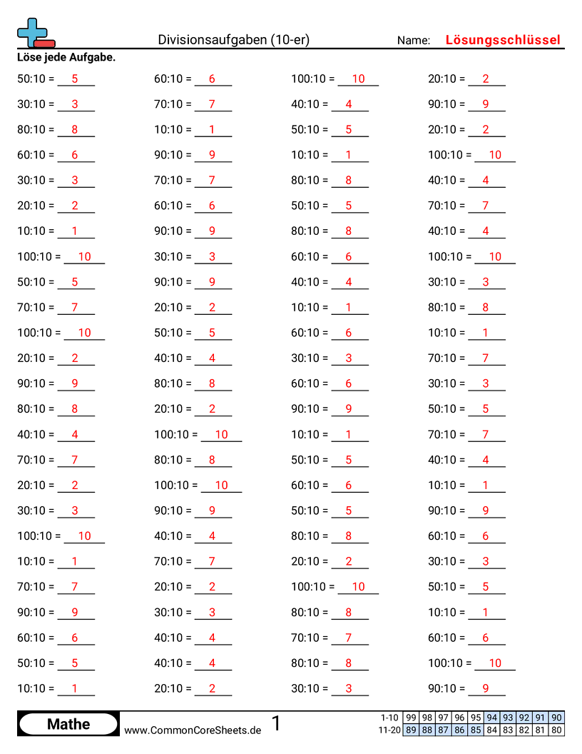 Arbeitsblätter zu Rechenübungen - 10er worksheet