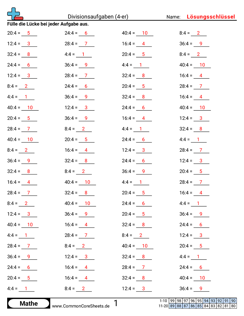 Arbeitsblätter zu Rechenübungen - 4er worksheet
