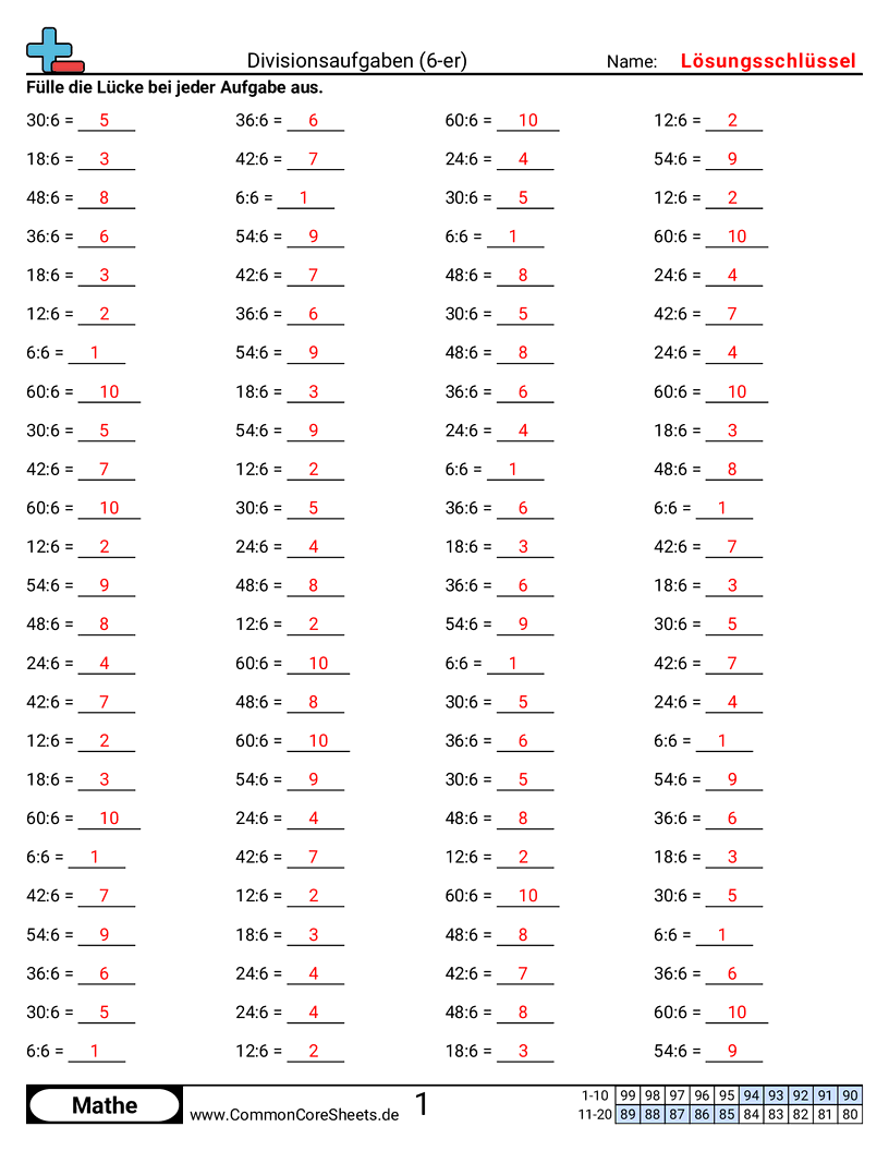 Arbeitsblätter zu Rechenübungen - 6er worksheet