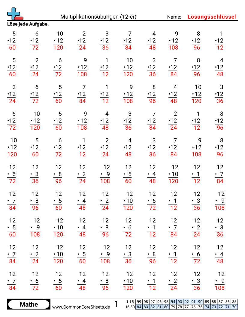Arbeitsblätter zu Rechenübungen - 12er worksheet
