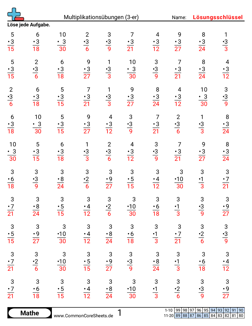 Arbeitsblätter zu Rechenübungen - 3er worksheet