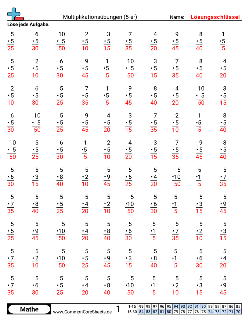 Arbeitsblätter zu Rechenübungen - 5er worksheet