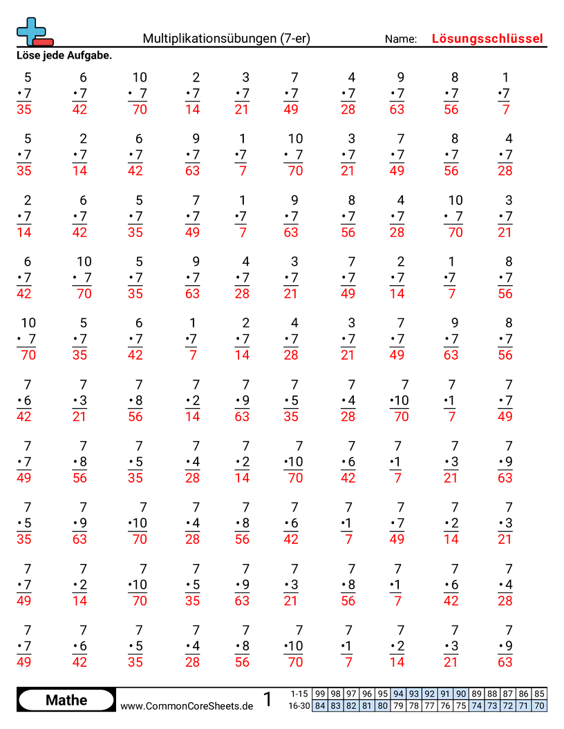 Arbeitsblätter zu Rechenübungen - 7er worksheet