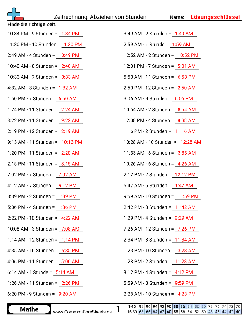 Arbeitsblätter zu Rechenübungen - stunden-subtrahieren worksheet