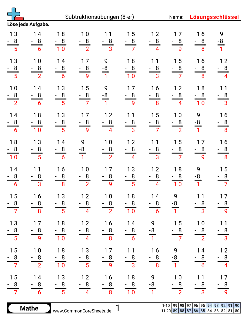 Arbeitsblätter zu Rechenübungen - 8er worksheet