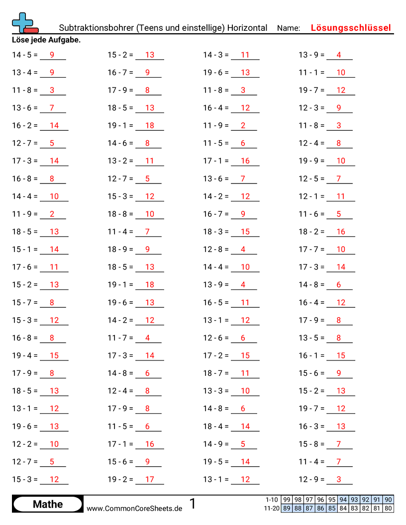 Arbeitsblätter zu Rechenübungen - subtraktionsdrills-teen-zahlen-und-einstellige-zahl-horizontal worksheet
