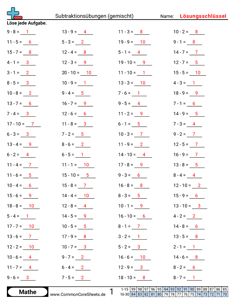 Arbeitsblätter zu Rechenübungen - gemischt-horizontal worksheet