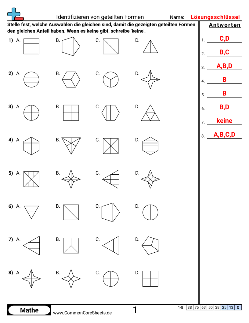 Arbeitsblätter zur Brüchen - unterteilte-formen-bestimmen worksheet