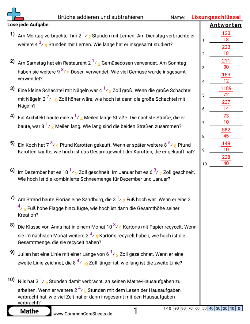 Arbeitsblätter zur Brüchen - textaufgaben-verschiedene-nenner worksheet