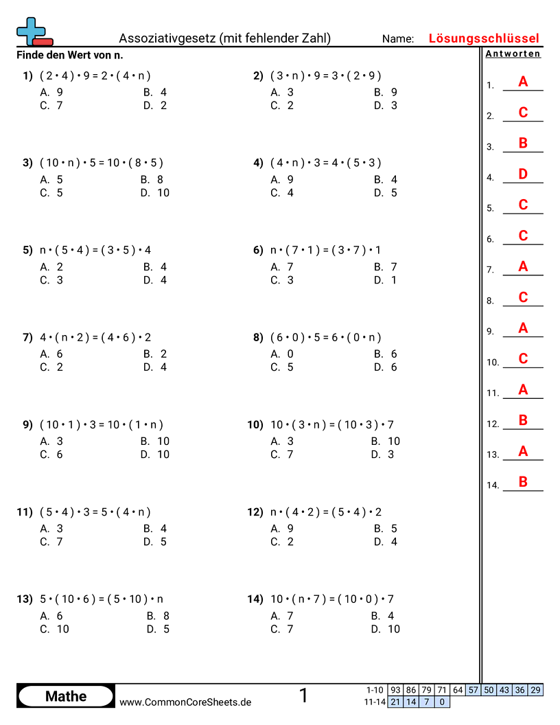 Arbeitsblätter zu Rechengesetzen - assoziativgesetz-vervollstandigen worksheet