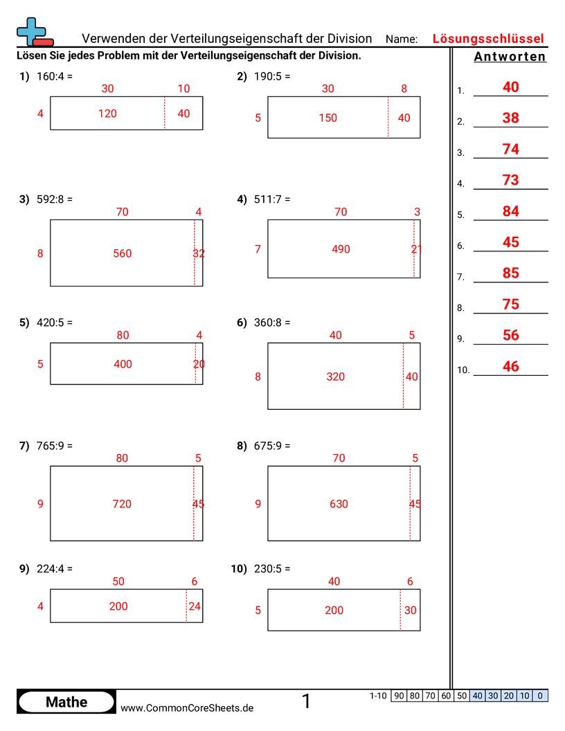 Arbeitsblätter zu Rechengesetzen - distributivgesetz-der-division-verwenden-mit-punktfeld worksheet