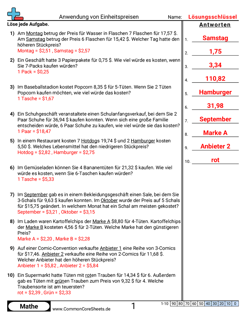 Arbeitsblätter zu Verhältnissen - stuckpreise-verwenden worksheet