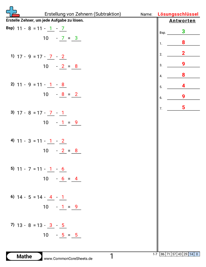 Arbeitsblätter zur Subtraktion - zehner-bilden worksheet
