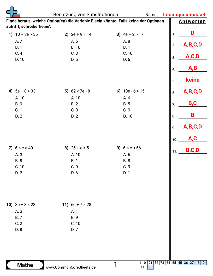 Arbeitsblätter zum Rechnen mit Gleichungen - mit-einsetzen-substitution-losen worksheet