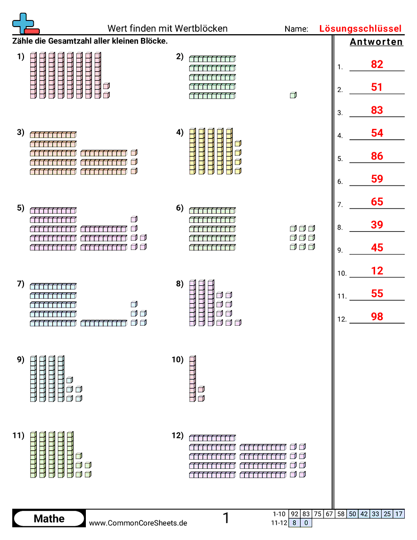 Arbeitsblätter zu Wert & Stellenwert - stellenwertblocke-10er-und-1er worksheet