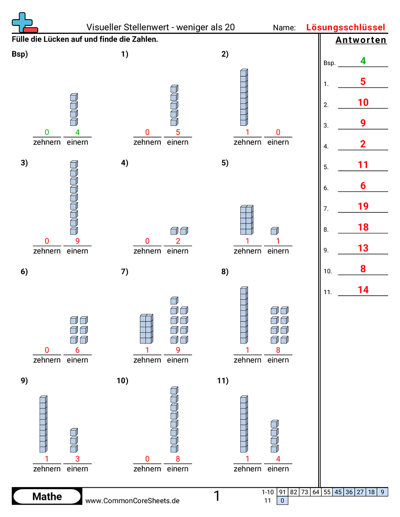 Arbeitsblätter zu Wert & Stellenwert - visueller-stellenwert-unter-20 worksheet