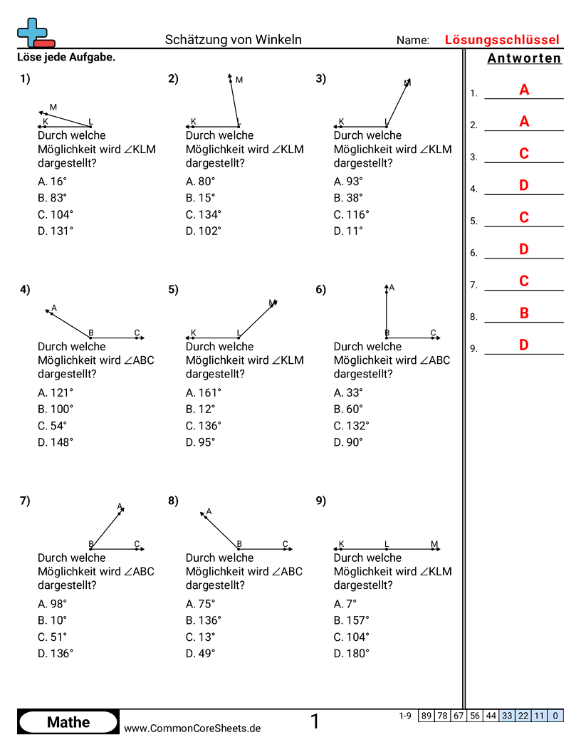 Arbeitsblätter zu Winkel - Winkelschätzung worksheet