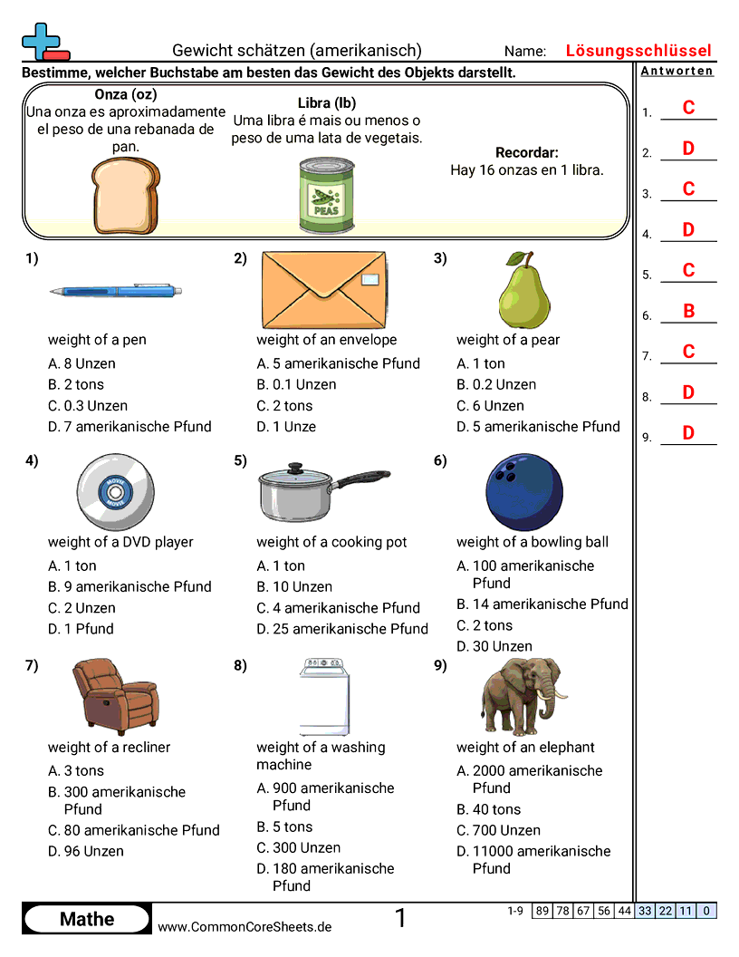 Arbeitsblätter zur Gewichtsrechnung - gewicht-schatzen worksheet