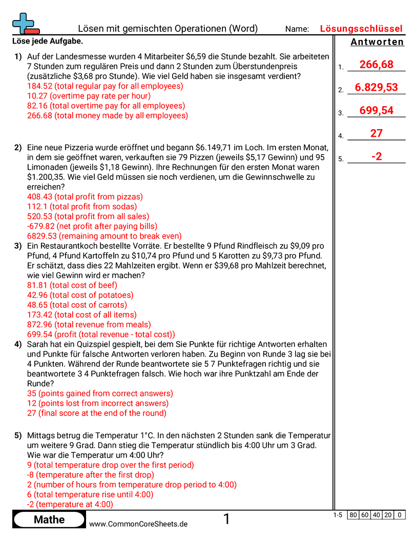 Arbeitsblätter zur Reihenfolge der Rechenarten - Mit gemischten Operationen lösen (Text) worksheet