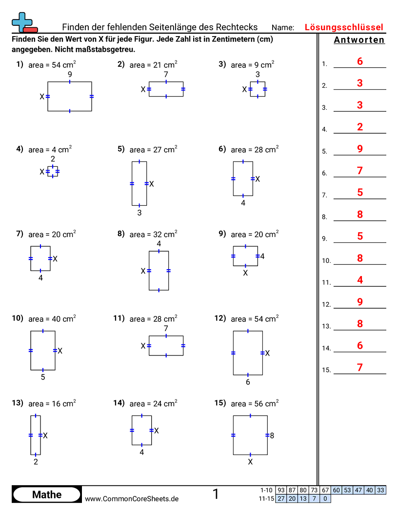 Arbeitsblätter zu Fläche & Umfang - fehlende-seitenlange-eines-rechtecks-finden worksheet