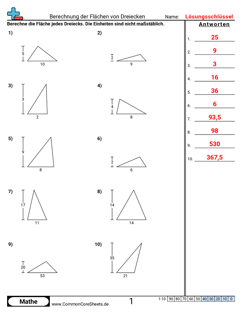 Arbeitsblätter zu Fläche & Umfang - dreiecksflachen-grundseite-und-hohe worksheet