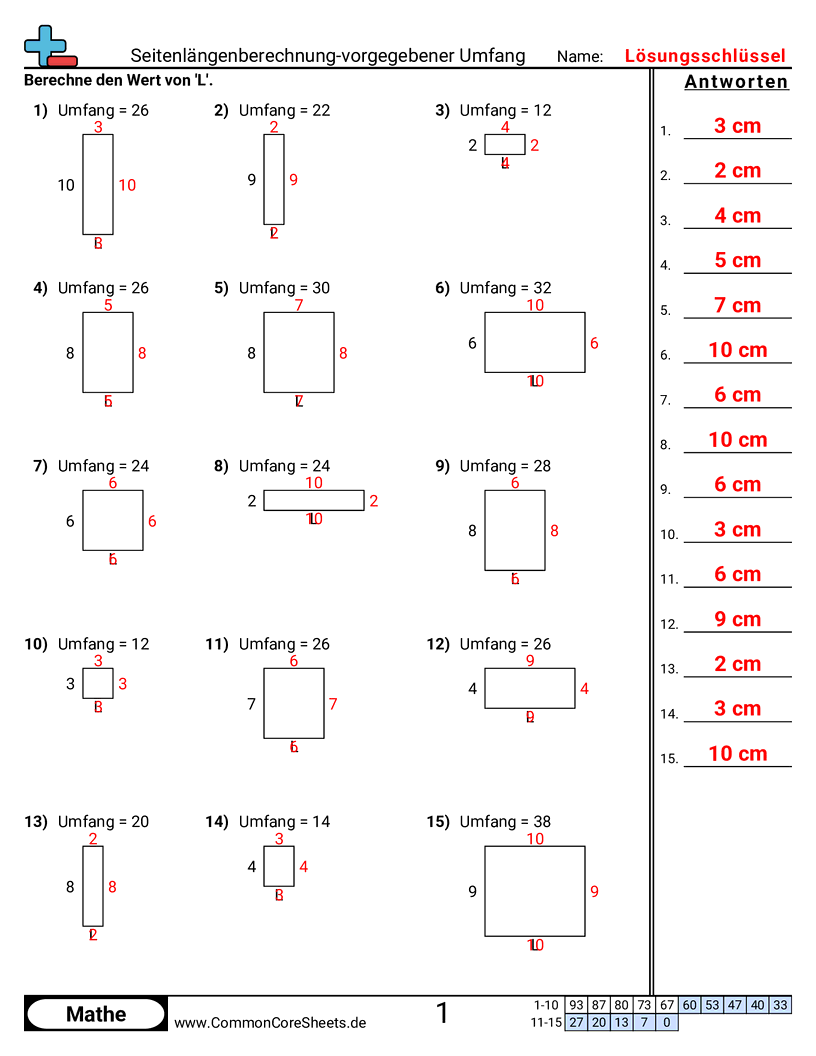 Arbeitsblätter zu Fläche & Umfang - fehlende-seite-umfang-e worksheet
