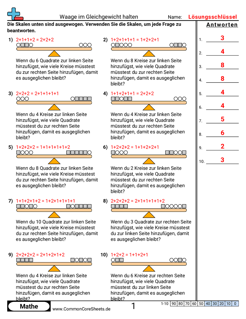 Arbeitsblätter zu Gleichungen - waagen-im-gleichgewicht-halten worksheet