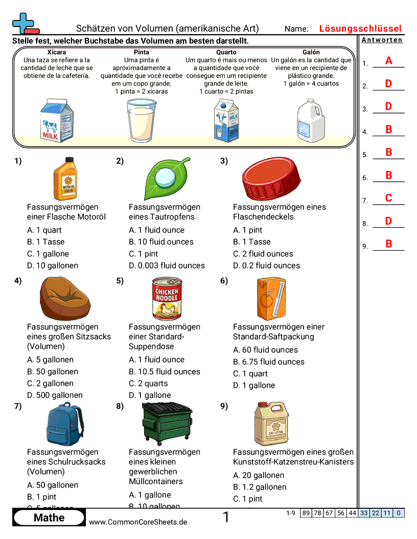 Arbeitsblätter zum Volumen - us-fassungsvermogen-visuell worksheet