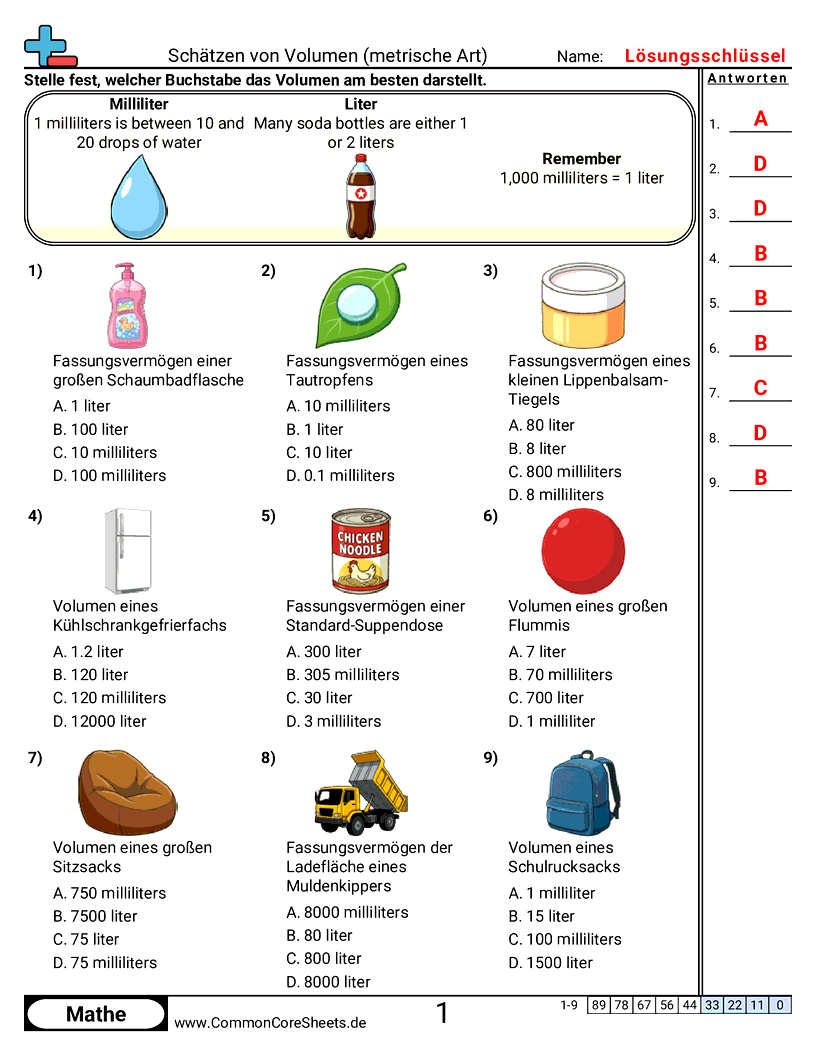 Arbeitsblätter zum Volumen - metrisches-fassungsvermogen-visuell worksheet