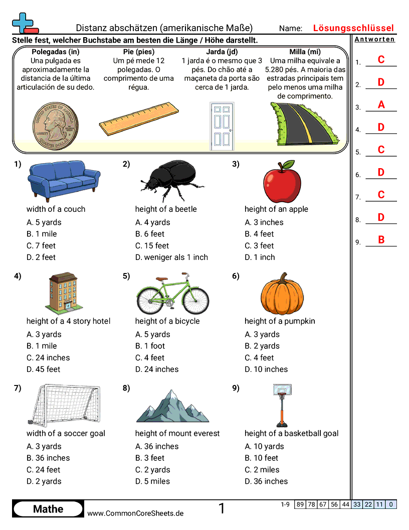 Arbeitsblätter zu Maßeinheiten - lange-schatzen-amerikanisch worksheet