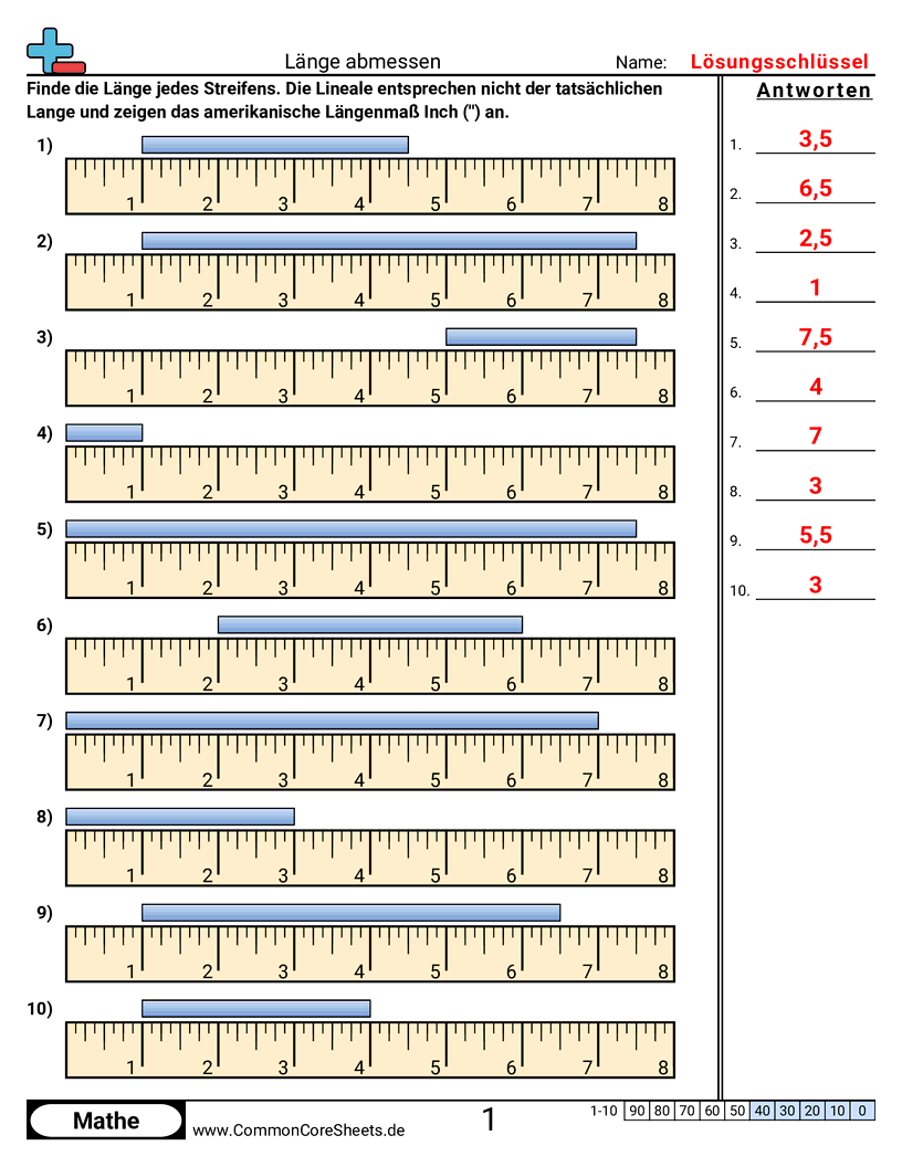 Arbeitsblätter zu Maßeinheiten - us-lineal worksheet