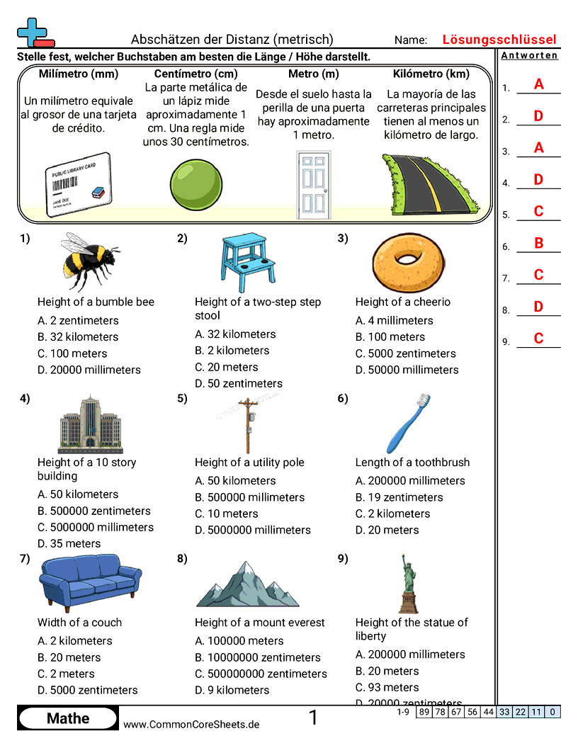 Arbeitsblätter zu Maßeinheiten - lange-schatzen-metrisch worksheet