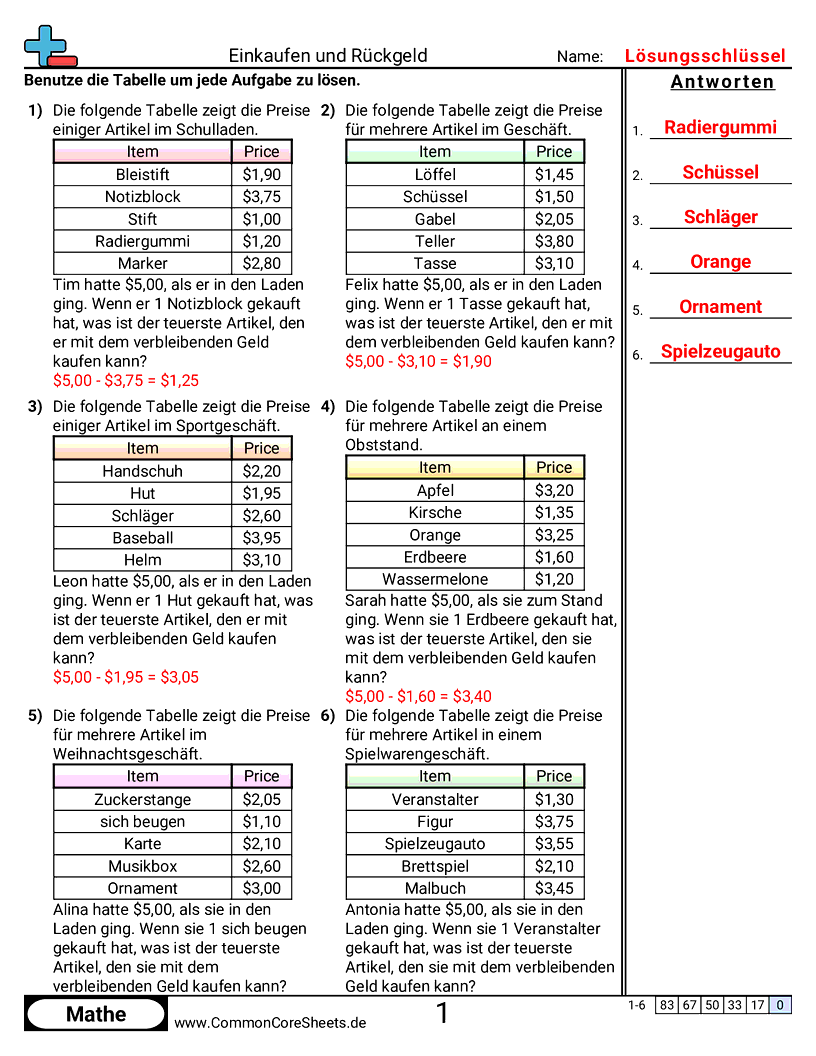 Arbeitsblätter zur Geldrechnung - einkaufen-und-ruckgeld worksheet