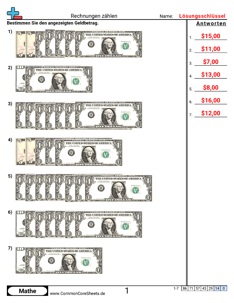 Arbeitsblätter zur Geldrechnung - geldscheine-zahlen worksheet