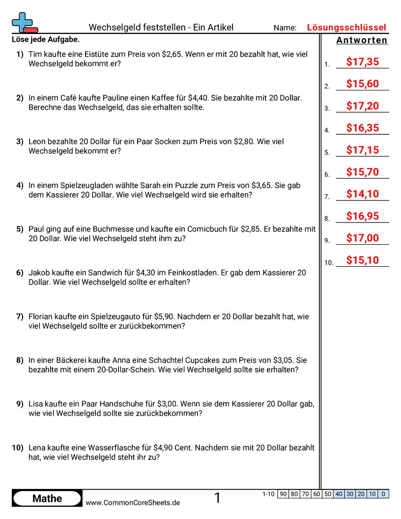 Arbeitsblätter zur Geldrechnung - ein-artikel-ein-preis worksheet