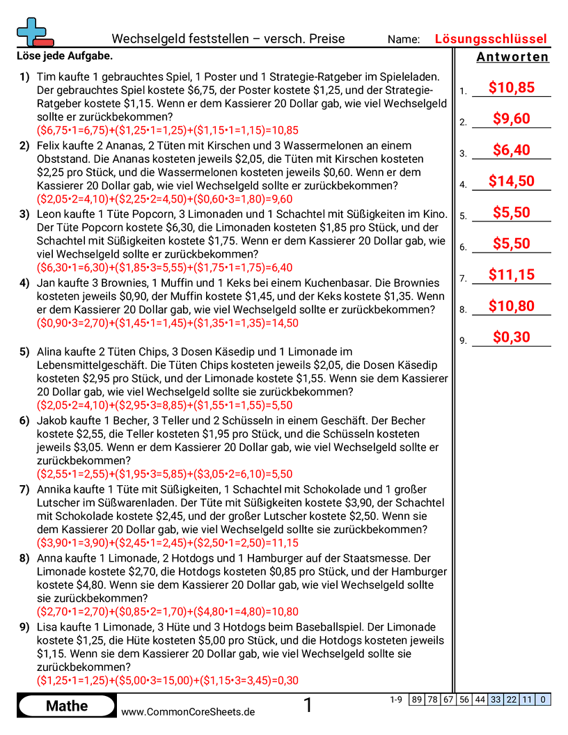Arbeitsblätter zur Geldrechnung - verschiedene-artikel-verschiedene-preise worksheet