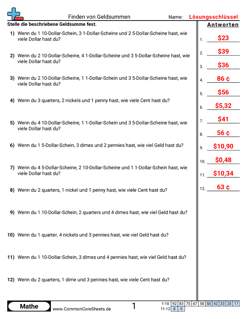 Arbeitsblätter zur Geldrechnung - ermitteln-von-geldsummen-euro-und-cent worksheet
