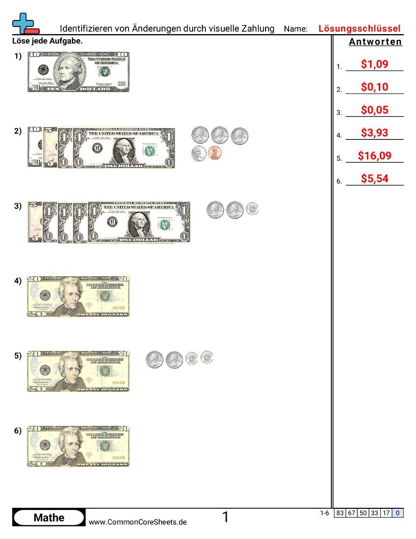 Arbeitsblätter zur Geldrechnung - wechselgeld-aus-visueller-zahlung-bestimmen worksheet