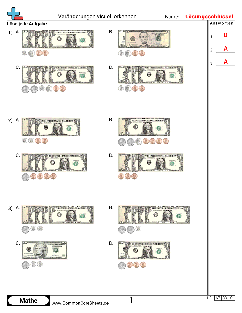 Arbeitsblätter zur Geldrechnung - wechselgeld-visuell-bestimmen worksheet