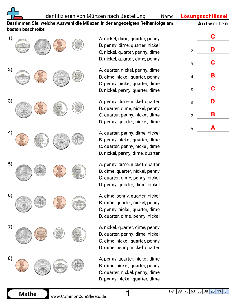 Arbeitsblätter zur Geldrechnung - munzen-nach-reihenfolge-identifizieren worksheet
